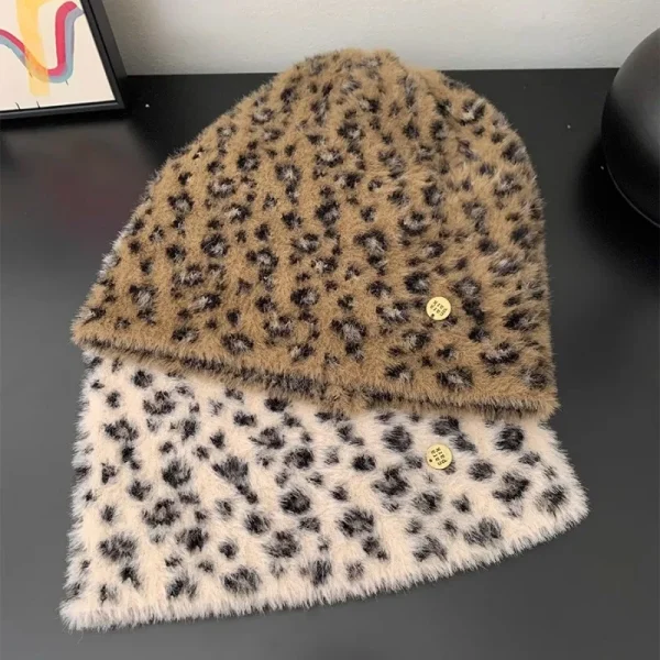 bonnet en peluche imprimé léopard coréen