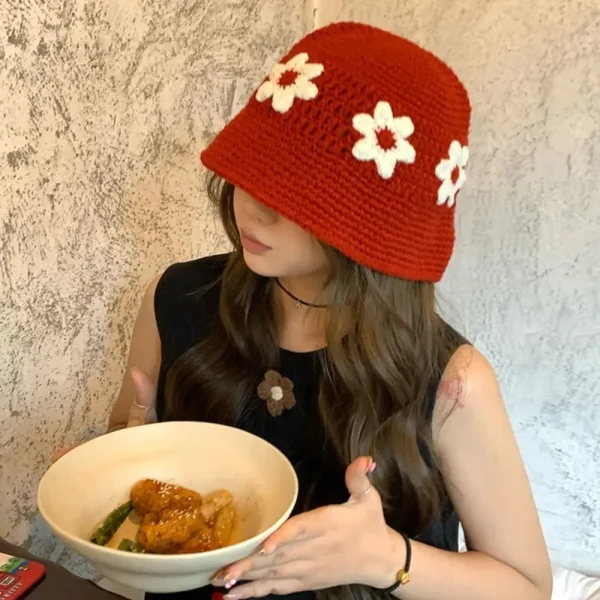 chapeau tricoté à fleurs fait main